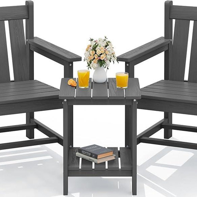 SEWRWALL 3 Pieces Patio Bistro Set, All Weather Adirondack Chair Set with Side Table, HDPE Material Outdoor Patio Furniture Set for Balcony, Porch, Garden, Backyard- Gray