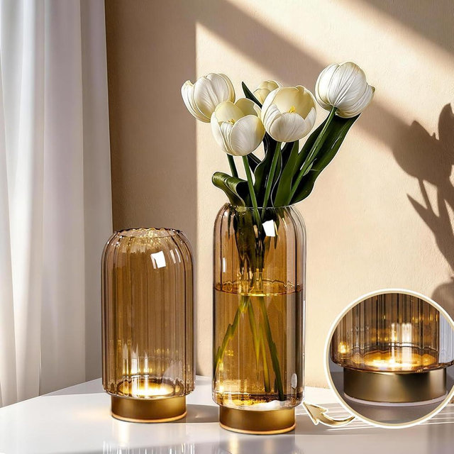 LED Vase with Lights, Flower Vase Set with Timer Battery Operated Decorative Hand Blown Glass Flower Vases for Tulips Table Centerpiece,Home Decor Gift for Wife, Valentine's Day Mother's Day Amber