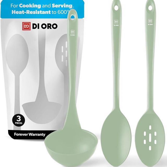DI ORO Silicone Ladle & Spoons for Cooking – Large Kitchen Spoons for Mixing, Serving, & Stirring - Soup Ladle with Wide Bowl - High Heat Silicone Kitchen Utensils for Nonstick Cookware Safe (Sage)