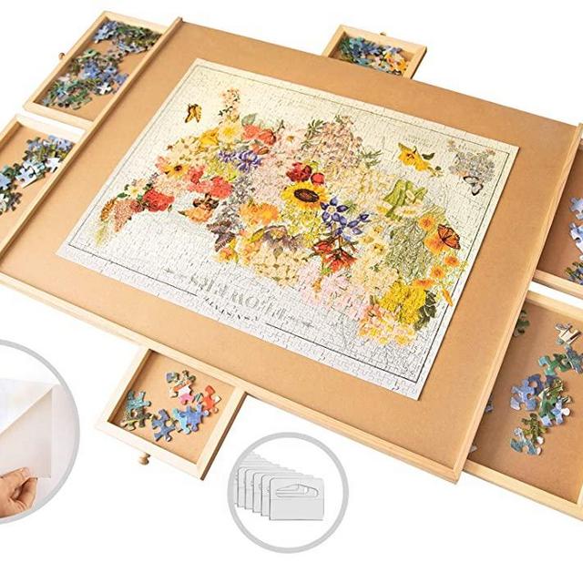 1500 Piece Wooden Jigsaw Puzzle Table - 6 Drawers, 9 Glue Sheets & 3 Hangers | 27” X 35” Jigsaw Puzzle Board Portable - Portable Puzzle Table for Teens and Adults