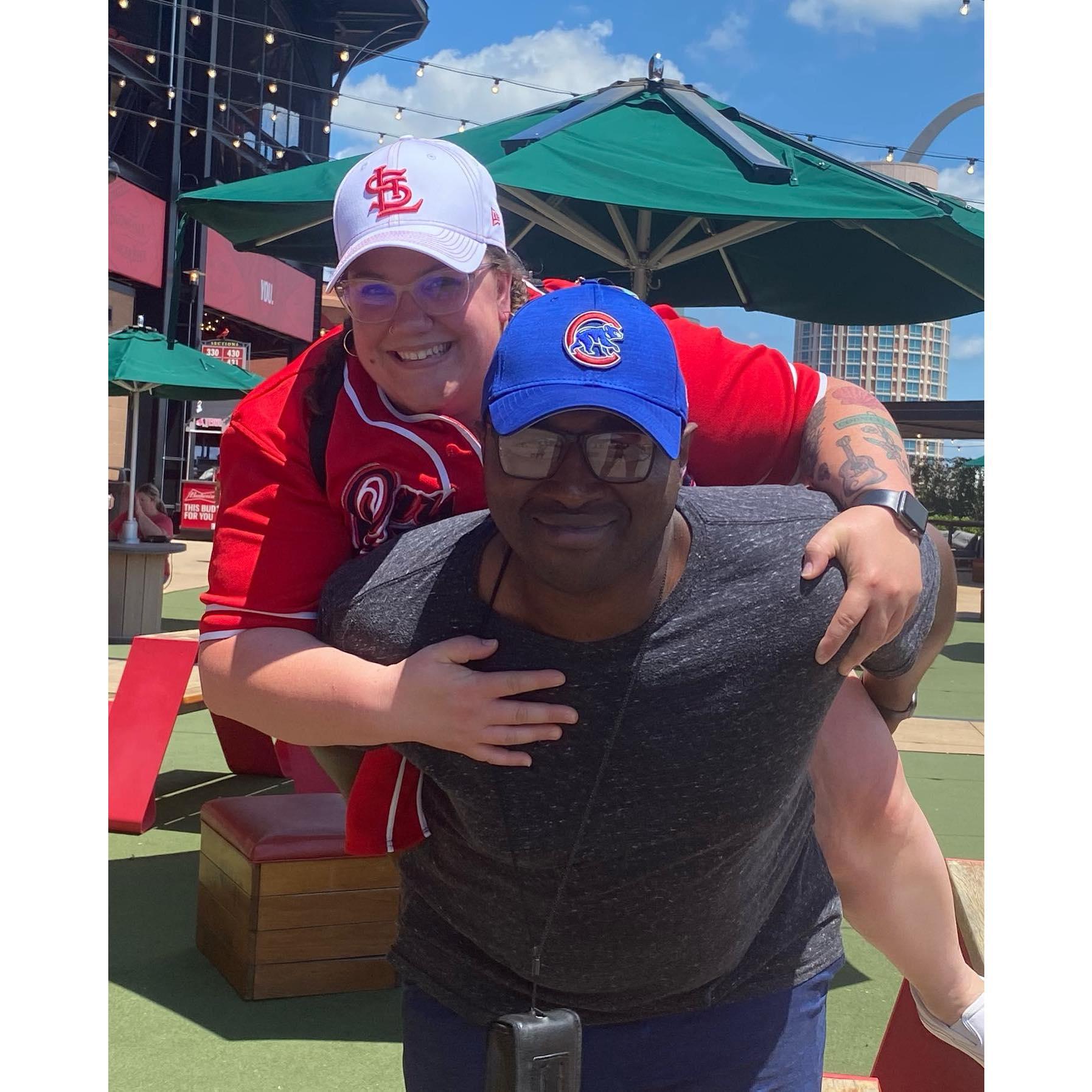 The Cubs lost and it was HOT. Nicole made Jaylyn take this photo for fun.