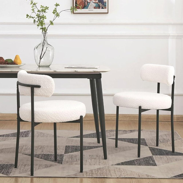 EDWELL White Dining Chairs Set of 2, Modern Dining Room Chairs Mid Century with 3.94" Cushions and Metal Legs, Round Upholstered Boucle Chairs for Kitchen, Living Room, Easy Assembly