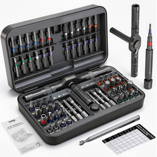 DISEN 68 in 1 Ratcheting Screwdriver Set, 58-Tooth T-Handle with Magnetic Pickup & Pad, 42 S2 Steel Bits, Magnetic Case, Repair Kit for Electronics, Laptop, PC, Game Console, Furniture, Bike