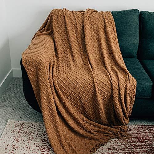 GRACED SOFT LUXURIES Throw Blanket Textured Soft for Sofa Couch Decorative Knitted Acrylic Fringe Blanket (Cashew, Extra Large 60" x 80")