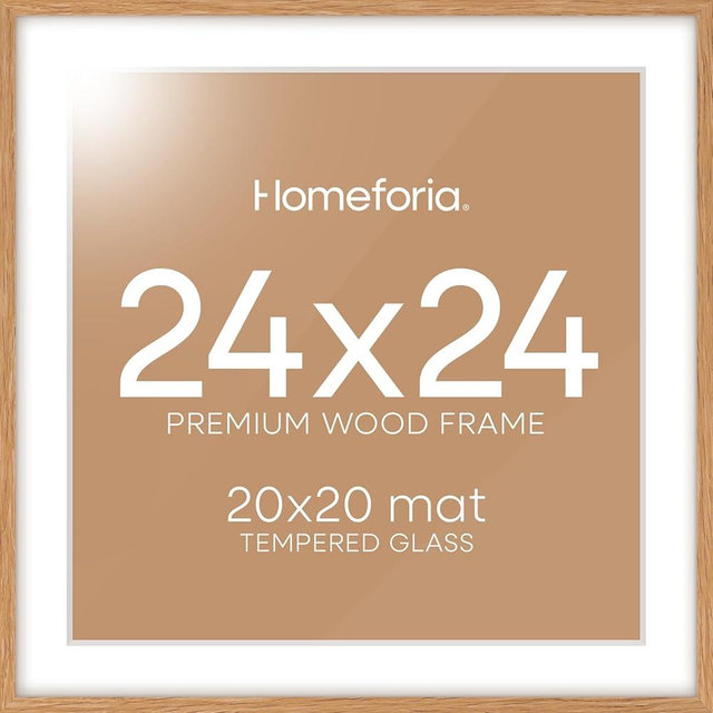 Homeforia 24x24 Wood Picture Frame, High End Natural Oak 24 x 24 Square Light Wooden Poster Frame with Mat 20 by 20 Photo, 24by24 Large Frames Matted to 20x20 Print, Tempered Glass, Wall Kit, Set of 1