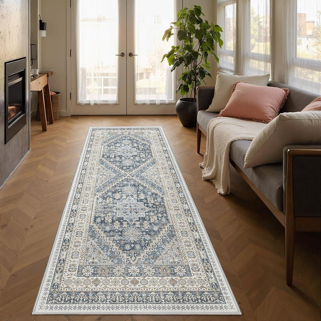 Restydon Runner Rug 2x6, Ultra-Thin Entryway Rug Non Slip Washable Rugs for Laundry Room, Runners for Hallways, Vintage Soft Rugs for Living Room, Kitchen, Bedroom(Blue/Beige,2'x6')