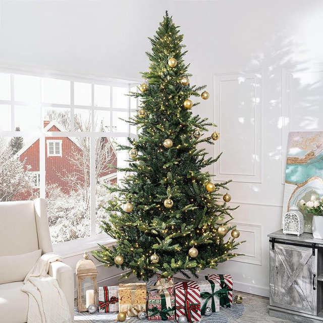 Naomi Home 9ft Nordic Christmas Tree with Lights, Realistic Charming Christmas Tree Prelit with 2106 Branch Tips, 1100 Warm Lights and Metal Stand, Aritificial Christmas Tree