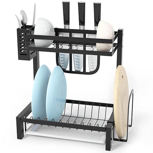 Dish Drying Rack, 2-Tier Kitchen Dish Rack with Bowl Rack, Cutting Board Holder, Utensil Knife Holder and Tray, Dish Drainer for Kitchen Counter, Cutlery Storage, Black, Stainless Steel