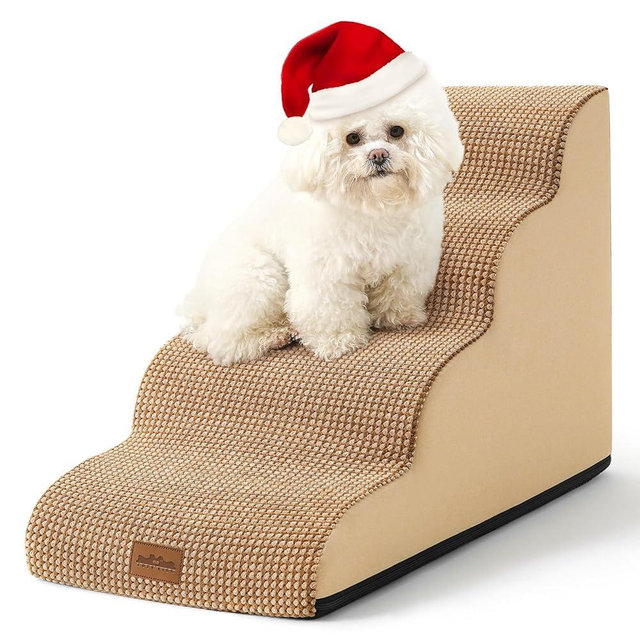 COZY KISS Dog Stairs for Small Dogs 19.7" H, Curved Dog Step for Puppy, Cat, Medium Dog, Pet Ramp for Sofa, Couch or Bed, Ladder with High Density Foam, 15.7x28.3x19.7 inch, 4 Step, Light Brown