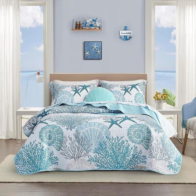 Tritard 3 Piece Coastal Quilt Sets Full/Queen Size - Reversible Microfiber Quilts with 2 Shams Soft Lightweight Beach Bedding Nautical Bedspread Coverlet Summer Comforter Set for All Season, 90''x96''