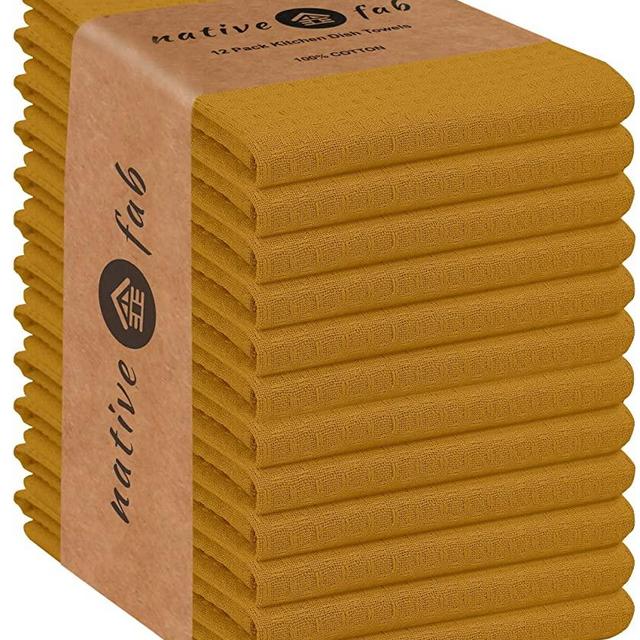 Native Fab Waffle 12 Pack 100% Cotton Kitchen Dish Towels 16x26 Absorbent Durable Washable, Tea Towels, Dish Cloths, Bar Towels, Cleaning Towels, Kitchen Towels with Hanging Loop, Mustard Yellow