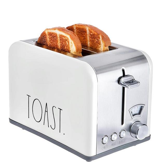 Rae Dunn Toaster, Stainless Steel 2 Slice Square Toaster, Wide Slot with 5 Browning Levels, with Bagel, Defrost and Cancel Options (White)