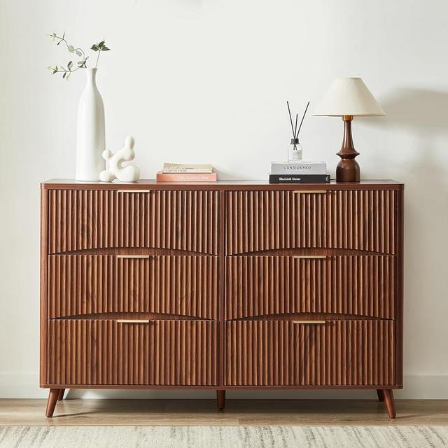 Evermagin 55" Wide Fluted 6 Drawer Dresser, Mid Century Modern Curved Dresser, Light Wood Chest of Drawers for Bedroom, Living Room and Entryway, Walnut