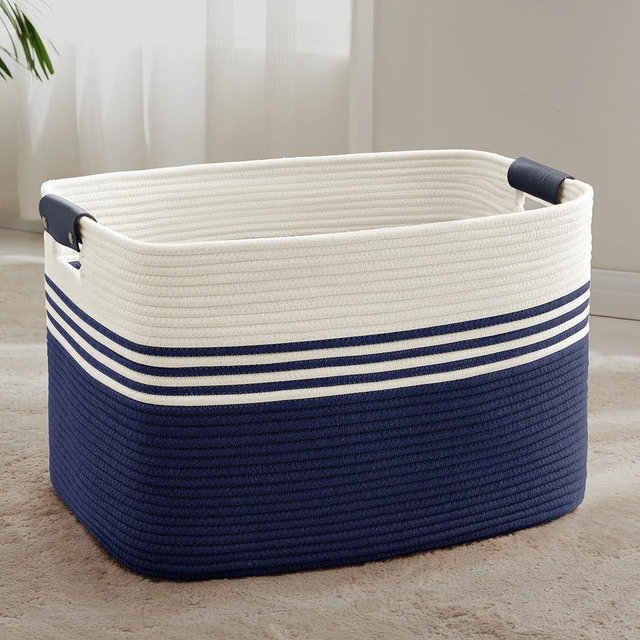 SunNewt 86L Extra Large Laundry Basket with Leather Handles for Living Room Storage, Woven Rope Baskets for Blanket, Kids Toy, Gifts, Wicker Hamper for Bedroom Dirty Clothes, 24"x16"x14" White Navy