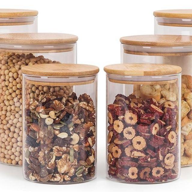 Wnaraa Set of 6 Glass Storage Containers with Lids, Glass Jars with Bamboo Lids, Clear Food Storage Jar, Sugar, Pantry Storage Container for Pasta Rice Flour Oats Nuts Tea Spice(100oz/54oz/27oz)