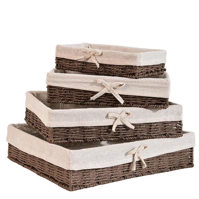 Rattanzenith Set of 4 Wicker Storage Baskets Hand-woven Baskets for Shelves Rattan Basket for Bathroom Storage with Lining Decorative Rectangle Shelf Baskets Set for Pantry Kitchen Bedroom
