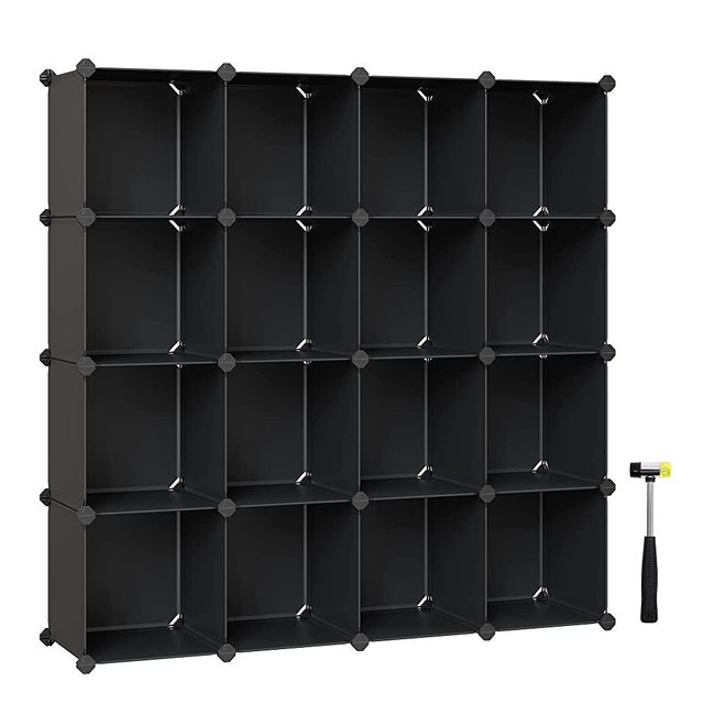 SONGMICS Cube Storage Organizer, 16 Cube Closet Organizers and Storage, Clothes Storage Organizer for Wardrobe, Closet, Modular Bookcase, with Rubber Mallet, 48.4 x 12.2 x 48.4 Inches, Black ULPC44BK