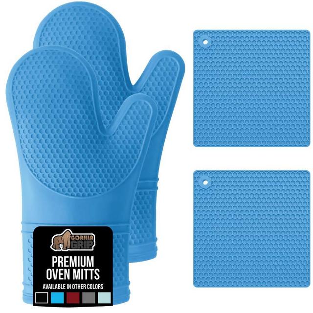 Gorilla Grip Premium Silicone Oven Mitt and Pot Holder 4 Piece Set, Includes 2 Soft Slip Resistant Flexible Kitchen Cooking Mitts and Trivet Mats, Gloves and Potholders for Use on Hot Surfaces, Aqua