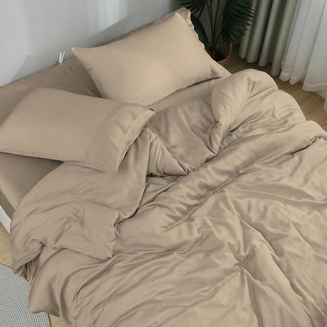 DOZ Sheet Set, 100% Viscose derived from Bamboo, Organically Grown, Buttery Soft, Cooling Sheets, High GSM, Deep Pockets - 4 Piece - 2 Pillowcases 1 Fitted 1 Top Sheet (Dune, Queen)