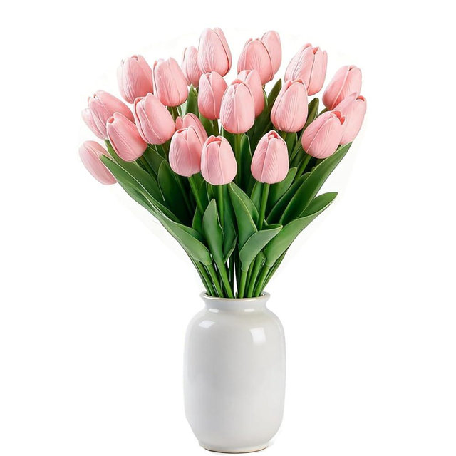 SHUERIET Pink Faux Tulips Real Touch (20 Pcs) - 13.5 Inch Premium PU Artificial Flowers for Valentine's Day, Spring & Easter Home Decor, Wedding Bouquet