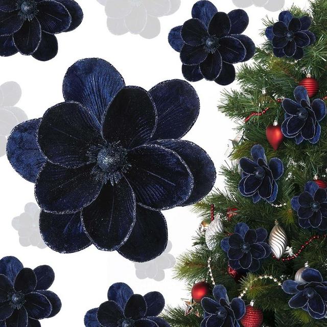 Craftsatin 12 Pcs Large Velvet Christmas Poinsettia Magnolia Flowers Ornaments Glitter Big Heads Artificial Magnolia Flowers for Decoration Wedding Decor Supplies(Dark Blue)
