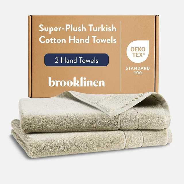 Brooklinen Super-Plush Turkish Cotton Hand Towels - Set of 2 - Cotton, 820 GSM, Highly Absorbent, Machine Washable, Perfect for Home & Bathroom (20" x 30", Stone)