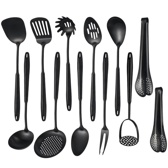 304 Stainlss Steel Matte Kitchen Utensils Set, 12 Pcs Long Metal Cooking Utensil Gadgets Tools Set with Spatula, Ladle, Spoon, Ladle, Skimmer, Tunner, Pasta Server, Tongs(Black, Dishwasher Safe)