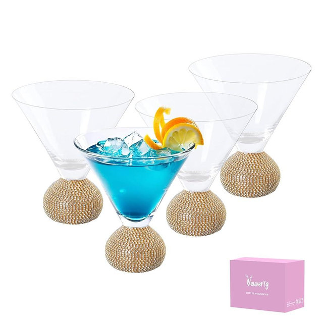 Veuverig Martini Glasses Set of 4,Stemless Margarita Glasses,Unbreakable Crystal Fancy Cocktail Glasses,10 Oz Bar Glass,for Party,Birthday,Manhattan, Cosmopolitan, Home Bargifts Women (Gold Clear)