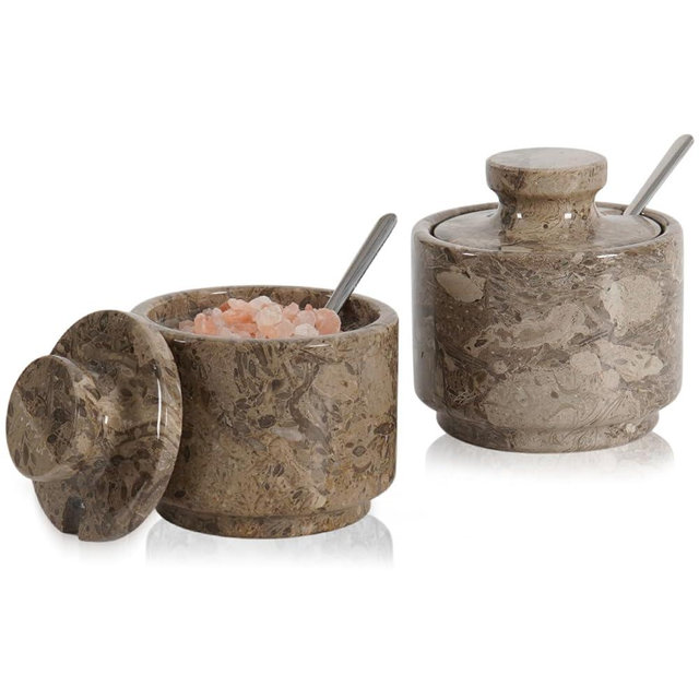 MARBLOUS KRAFTS Marble Salt Cellar 3 Inch Oceanic Flaky Salt Holder for Countertop, Perfect Set of 2 Spice Box, Brown Sugar Keeper, Candy Bowl, Sugar Jar with Lid and Spoon Kitchen Storage