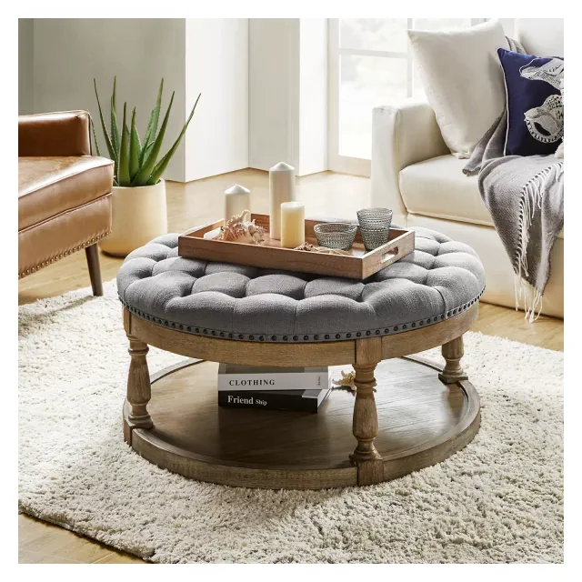 Illyria 36" Wide Transitional Tufted Round Cocktail Ottoman with Storage and Nailhead Trims for Bedroom and Living Room | ARTFUL LIVING DESIGN-GREY