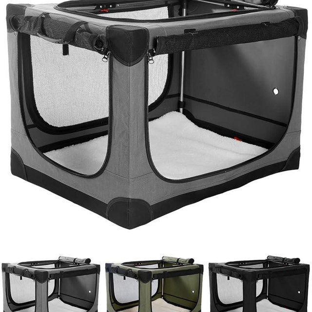 Veraste 42 Inch Collapsible Travel Dog Crate for Medium Large Dogs, Portable Dog Crate 4-Door Foldable Soft Kennel with Chew-Proof Mesh Windows for Indoor & Outdoor Travel,with Storage Bag,Grey