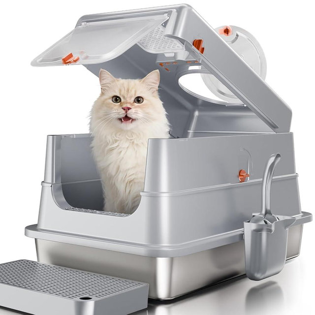 Stainless Steel Cat Litter Box with Lid, Extra Large High Sided Enclosed Metal Litter Pan, Flip Top with Portable Handle, Include Scoop & Step,Easy to Clean, Leak Proof, Dog Proof, Odor Control, Grey