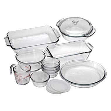 Anchor Hocking Oven Basics 15-Piece Glass Bakeware Set with Casserole Dish, Pie Plate, Measuring Cup, Mixing Bowl, and Custard Cups with Lids - 82210OBL5, Crystal