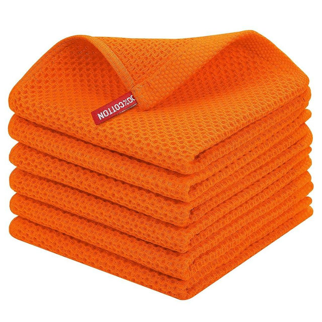 Homaxy 100% Cotton Waffle Weave Kitchen Dish Cloths, Ultra Soft Absorbent Quick Drying Dish Towels, 12 x 12 Inches, 6-Pack, Orange