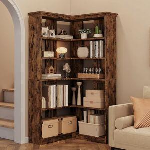 Duanna Farmhouse Bookshelf Corner Bookcase 72.8” Large Bookcase Wood Bookshelf Tall L Shaped Bookshelf 5 Tier Corner Shelf Display Rack Etagere Shelf Storage For Office Bedroom (Half Panel, Retro) - Brown