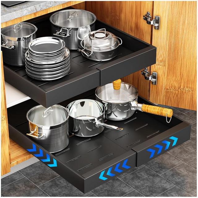 YFXCVSL Pull Out Cabinet Organizer, 21" Deep Expandable(12.6''-20.5'') Pull Out Drawers for Cabinets, Slide Out Cabinet Organizers with Adhesive Nano Film for Kitchen Cabinet Organization (Black)