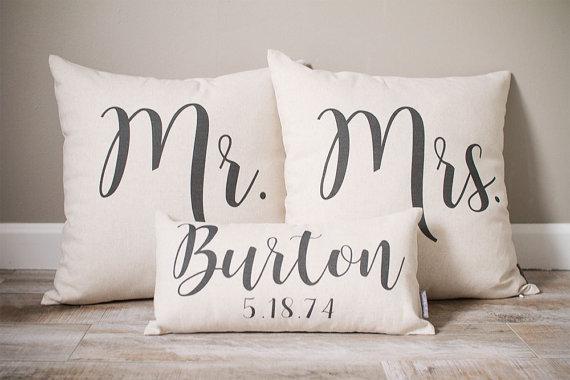 Mr and Mrs Pillow Sets, 3 Wedding Pillows Set Custom Monogrammed Pillow Sets, Pillows with Mr and Mrs Last Name & Established Date