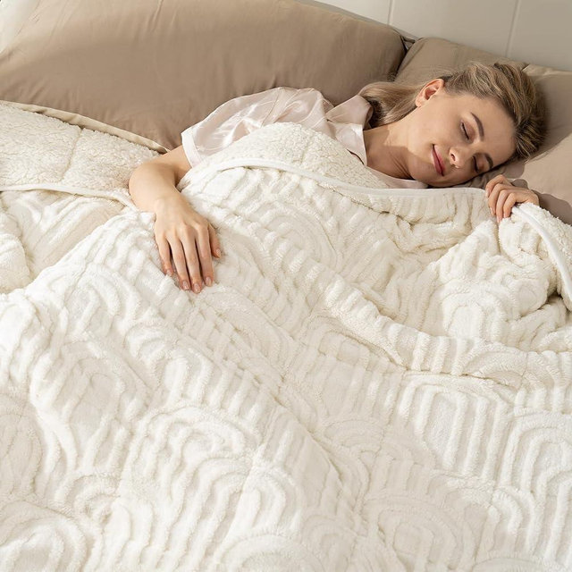 Cottonblue Jacquard Weighted Blanket for Adults 15 lbs Queen Size, Soft Fluffy Sherpa Fleece Weighted Throw Blankets 60" x 80" for Sleep Relax, Fuzzy Warm Arch Heavy Blanket for Bed Couch, Cream White