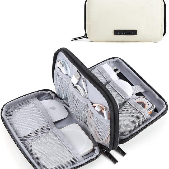 BAGSMART Electronics Organizer Travel Case, Cable Charger Cord Tech Organizer Pouch for Phone Charger Accessories, Beige