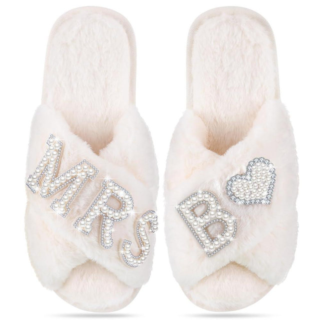 Tarpop Bride Slippers Mrs Slipper for Wedding with Personalized Initial Pearl Design Bridal Gifts