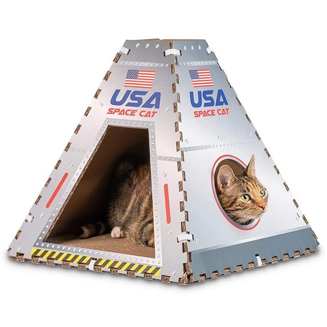 Pet Craft Supply Space House Corrugated Cardboard Cat House Condo Tent Hideaway Cave Furniture Playhouse with Scratching Board and Catnip & Silvervine Blend Scratcher for Kittens and Adult Cats