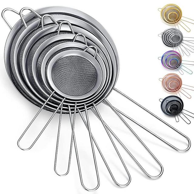 Kyraton Fine Mesh Strainer 6 Pieces Set, Flour Sifter For Baking, Stainless Steel Clander, Matcha Tea Strainer, Gravy Separator, Stasher Sieve Pasta Strainers