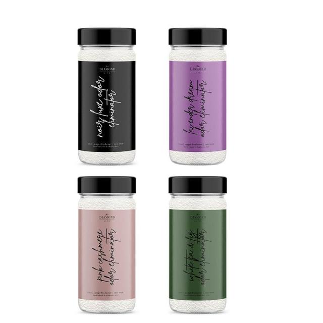 The Diamond Life “Hotel” Carpet Powder Bundle – 4 Pack: Noir Luxe, Lavender Dreams, Pink Cashmere, White Tea & Fig – Odor Eliminator for Home, Upholstery & Pet Areas