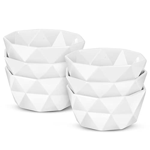 6 Oz Porcelain Ramekins/Dessert Bowls - Delling Geometric Ramekins Souffle Dishes - White Snack/Ramekins/Creme Brulee Dish Set for Baking, Dessert, Ice Cream - Ramekins Oven Safe Set of 6