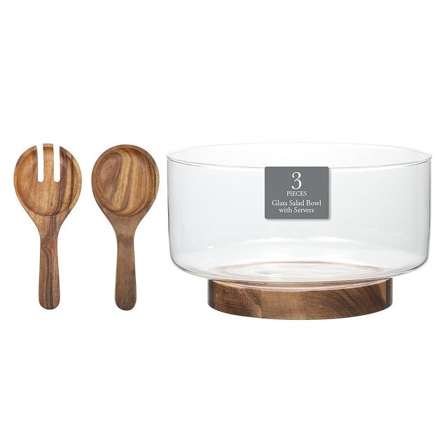 Gibson Elite Wildgreens Large Glass Salad Bowl or Decorative Fruit Bowl Set with Elegant Acacia Wood Base and Acacia Serving Utensils