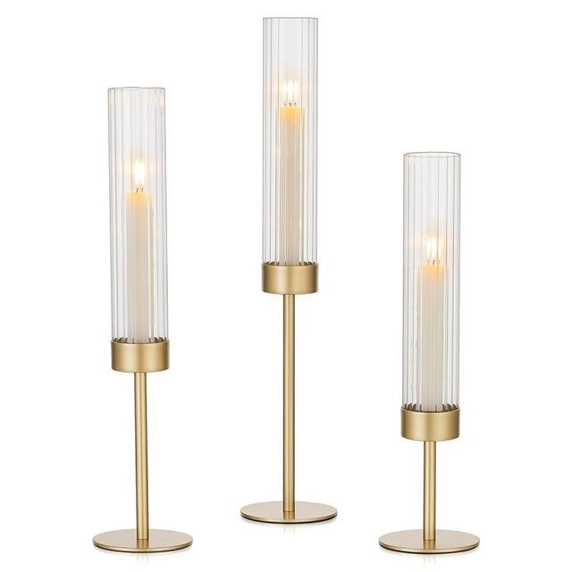 Hewory Gold Hurricane Candle Holders: Brass Candlestick Holders Set of 3 Tall Taper Candle Holders for Candlesticks Candle Sticks Holder Decor for Table Centerpiece Wedding Party Christmas Decorations