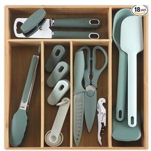 COOK WITH COLOR Bamboo Kitchen Utensil Set with Drawer Organizer | Cooking Tools and Storage Caddy, Sage, 18 Piece Gadget Set