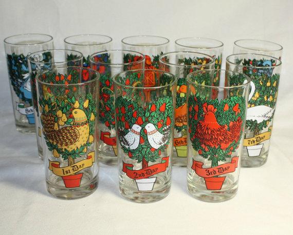 Vintage Glasses 12 Twelve Days of Christmas 12 oz. Indiana Glass Tumblers Complete New in Box