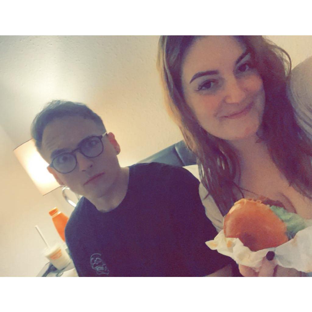 Eating a chickenburger with my Chickenburger!