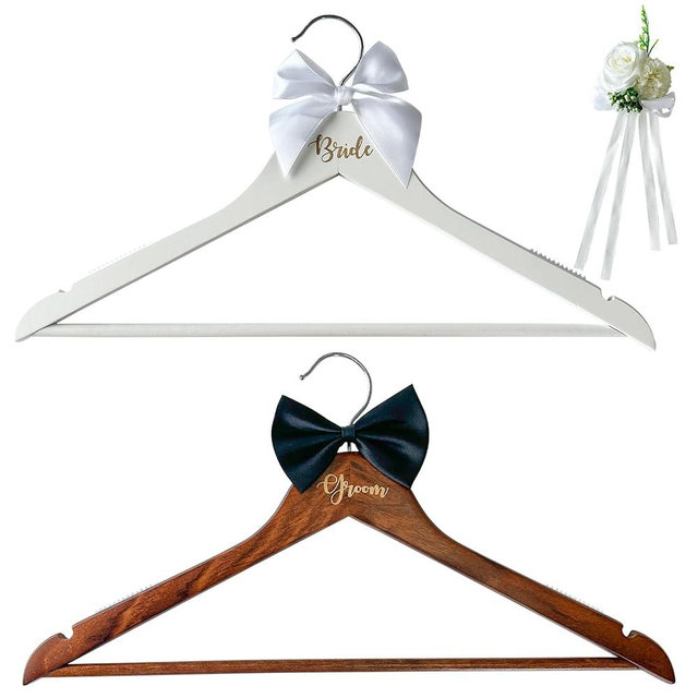 LAIAMER Groom Bride Hanger for Wedding Dress or Suit - 2 Pack Wedding Hangers Gifts Accessories - Bridal Hanger with Bow Tie & Exquisite Wrist Flower for Bridal Party
